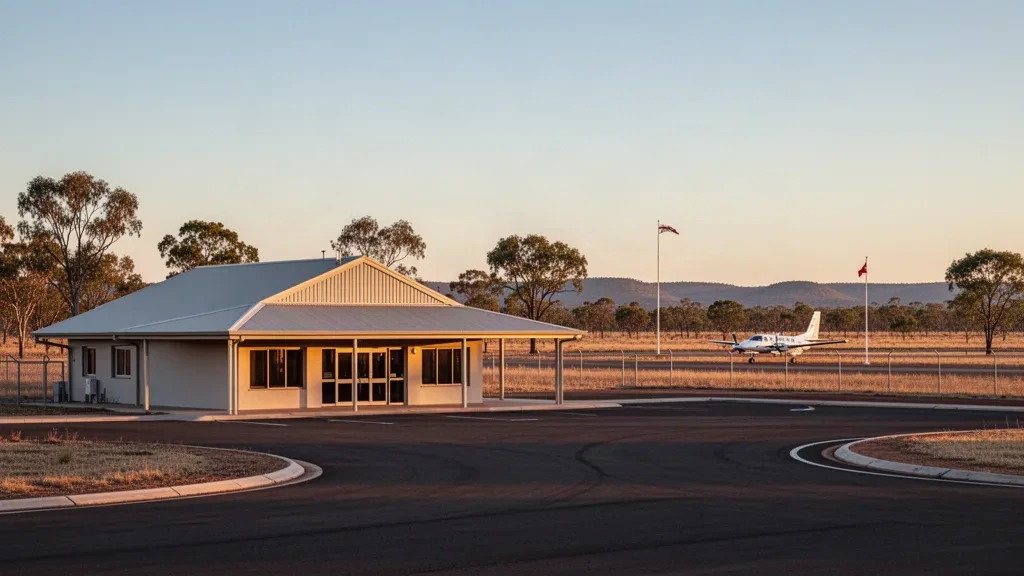 Kleines regionales Terminal und ruhiges Vorfeld am Collinsville Airport im ländlichen Queensland, Australien, in goldenes Abendlicht getaucht