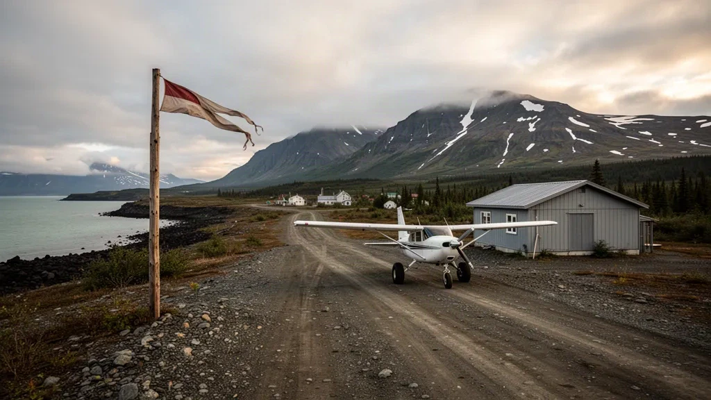 Gravel runway and small bush plane at remote Chignik Airport in Alaska, framed by snow-streaked mountains and coastal water.