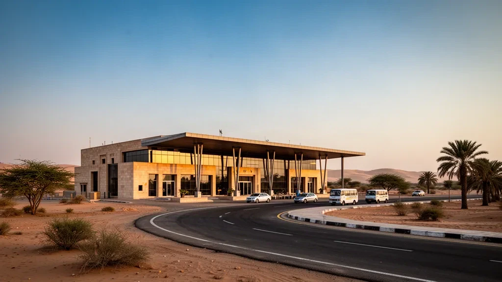 Terminal moderna en el desierto y carril de descenso en el Aeropuerto de Thar, en Sindh, bajo la cálida luz de la hora dorada