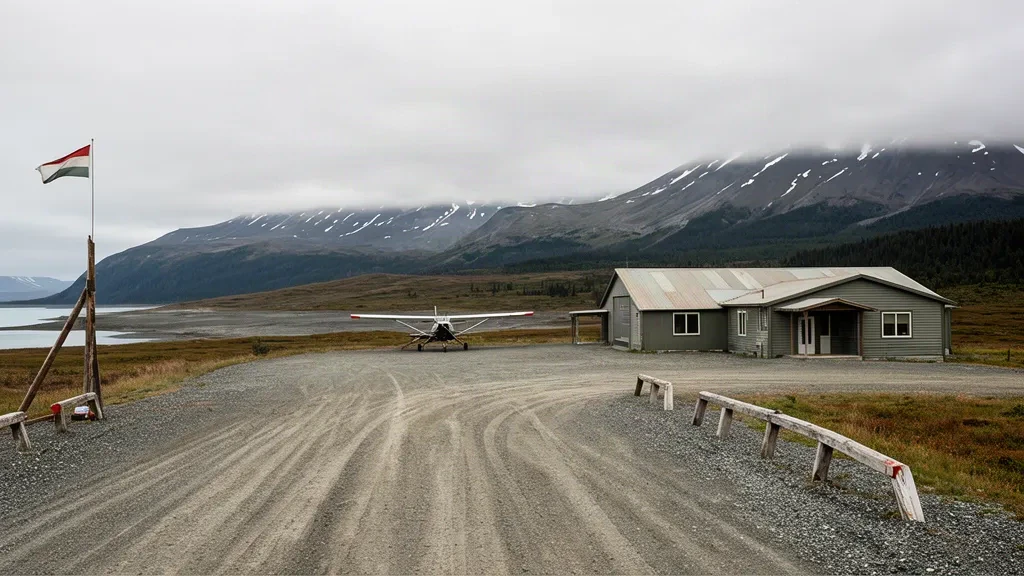 Remote Chignik Airport KCG in Alaska with a gravel runway, small weathered terminal building and tundra mountains under overcast skies