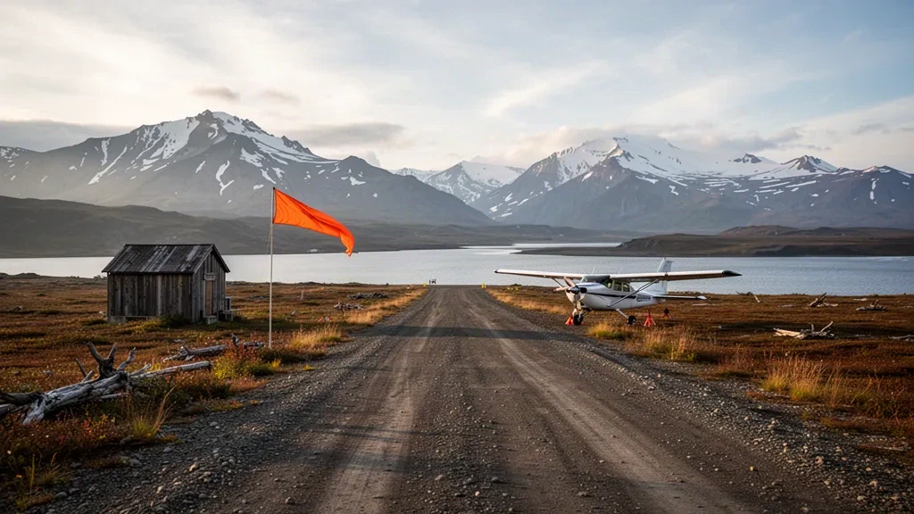 Remote gravel runway at Chignik Lagoon Airport in Alaska, framed by tundra, a wooden shelter and snow-streaked mountains at golden hour.