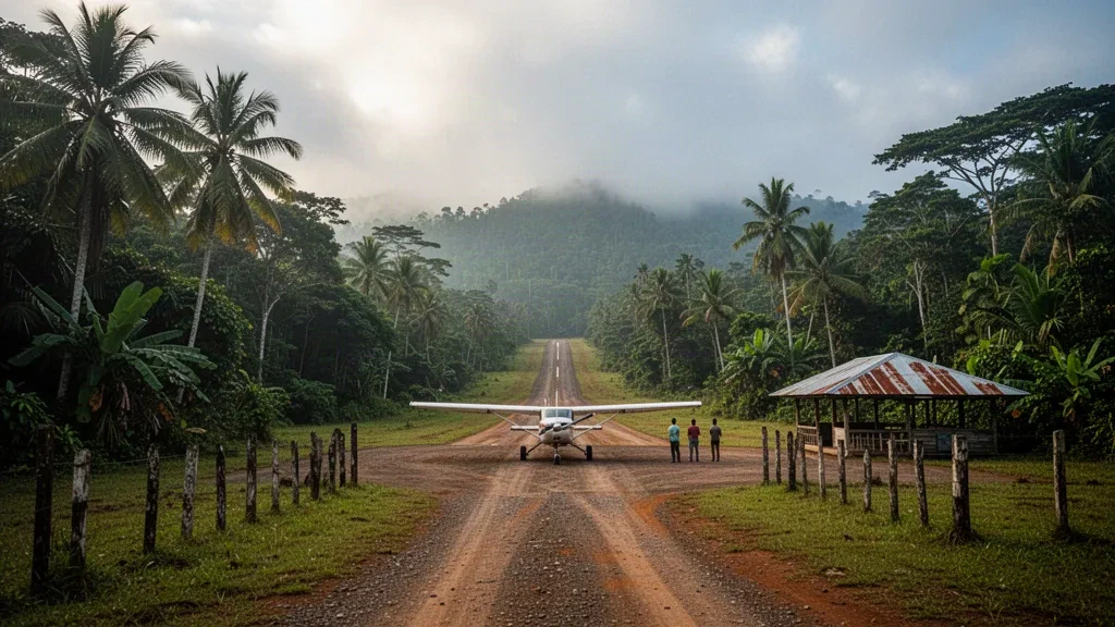 Remote tropical airstrip and rainforest clearing at Komaio Airport in Papua New Guinea under soft afternoon light