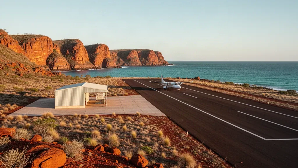 Abgelegene Insel-Startbahn am Koolan Central Airport an der Kimberley-Küste von Western Australia mit roten Klippen und türkisfarbenem Ozean zur goldenen Stunde.