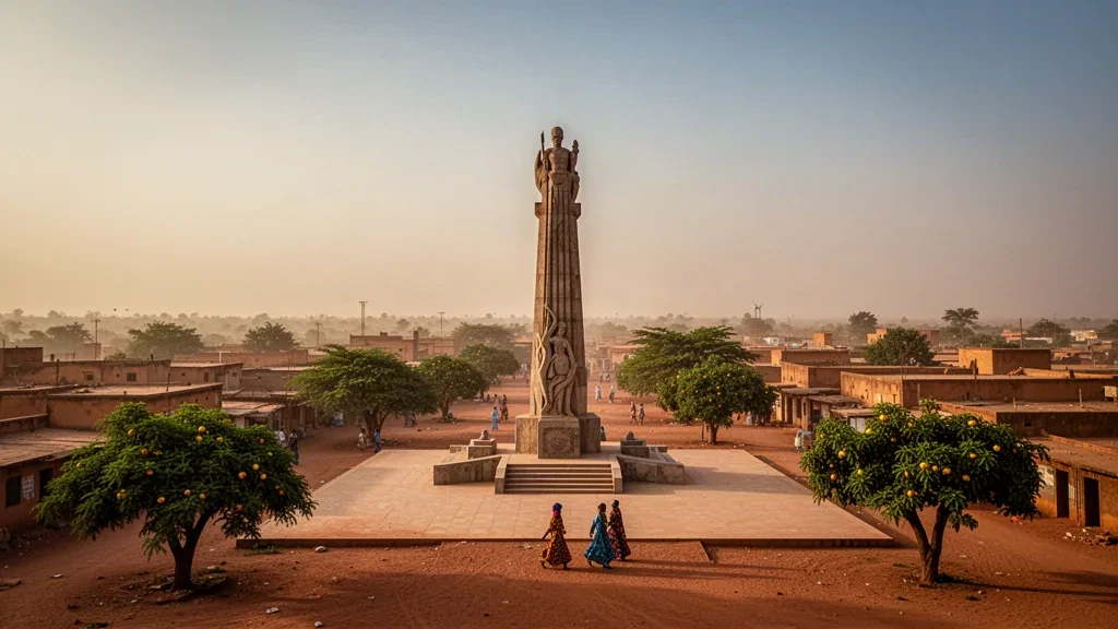 Spätnachmittagsansicht von Ouagadougou, Burkina Faso, mit dem Denkmal der Nationalhelden, das über die staubige sahelische Stadtlandschaft ragt