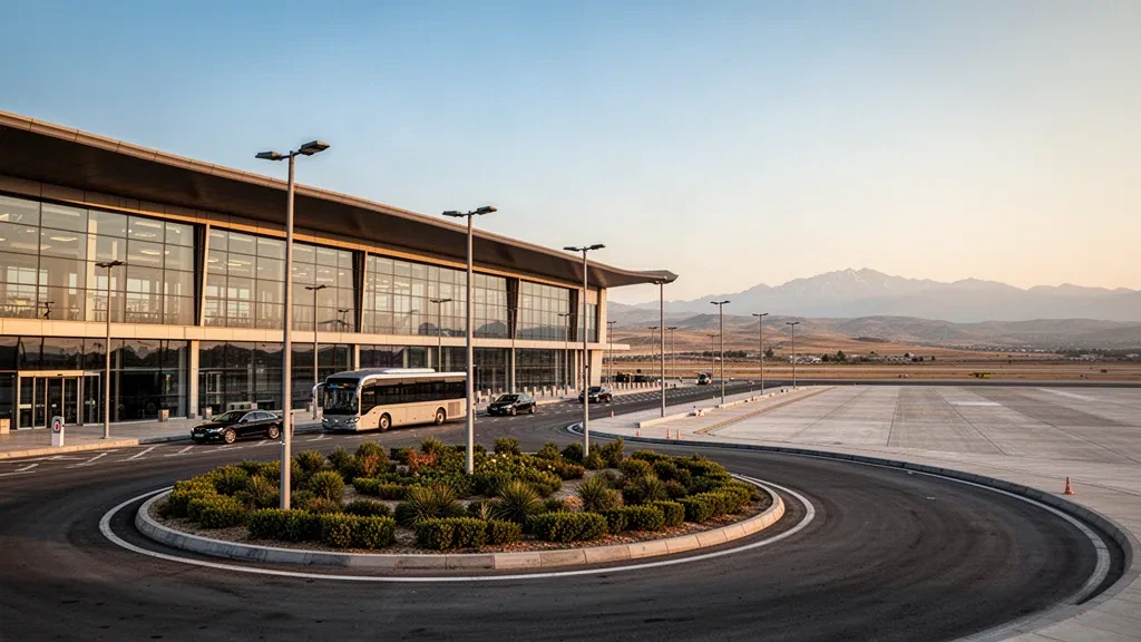 Esterno moderno del terminal in vetro dell'Aeroporto di Kahramanmaraş all'ora d'oro, con corsie di sosta al marciapiede e montagne all'orizzonte