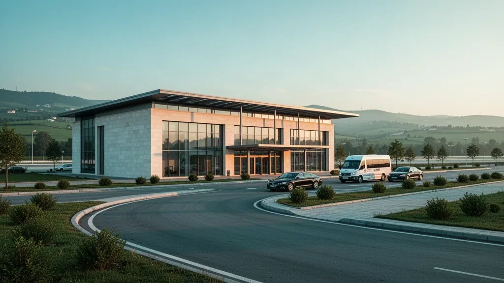Modern glass terminal exterior and drop-off lane at Cengiz Topel Airport in Kocaeli, Turkey, lit by warm late-afternoon light