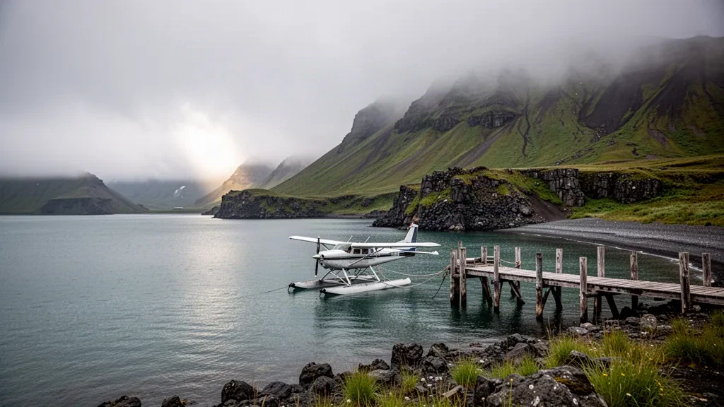 Hydravion à flotteurs amarré à un quai en bois à Chernofski Harbor, sur l'île d'Unalaska, en Alaska, sous les collines brumeuses des Aléoutiennes