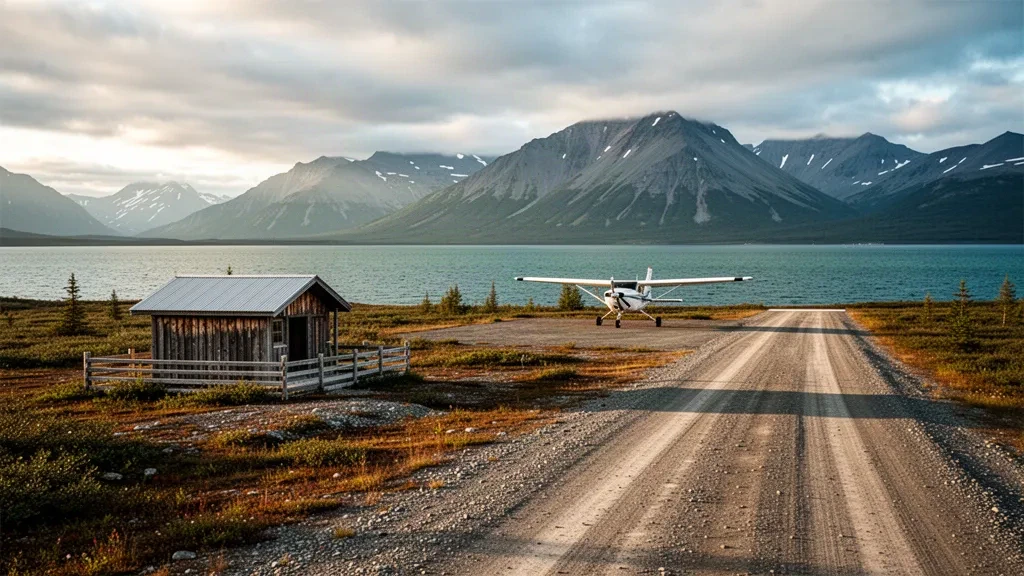 Alaska'daki uzak Chignik Lake Havaalanı'nda sıcak altın saat ışığında çakıl pist, tundra ve dağlar