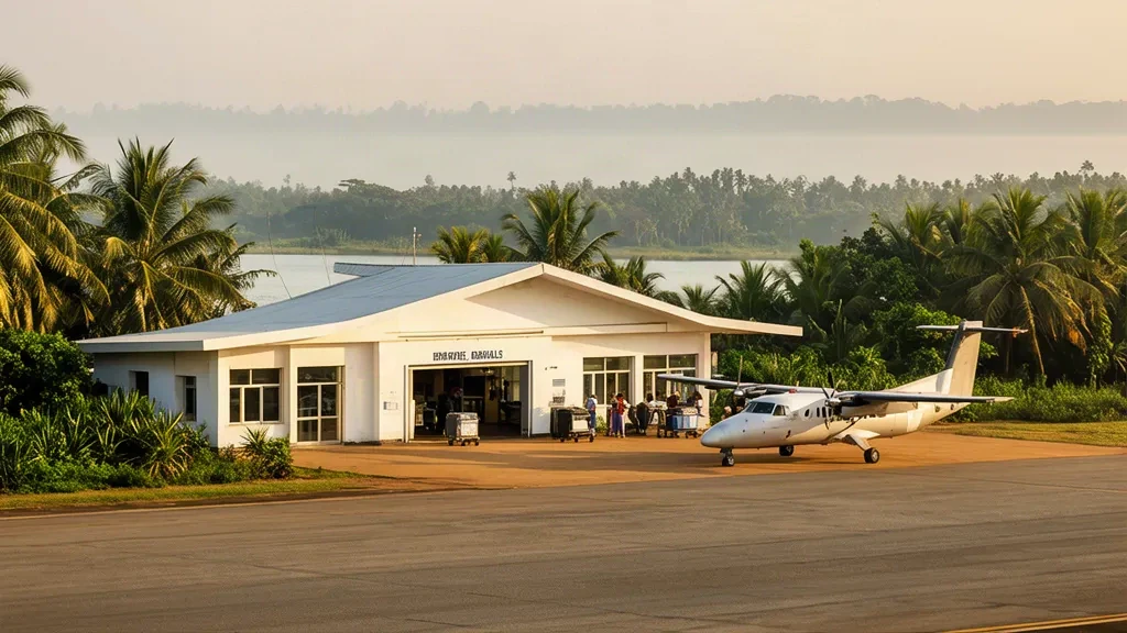 Compacto edificio terminal tropical en el Aeropuerto de Koggala, en el sur de Sri Lanka, con palmeras y una aeronave turbohélice en la plataforma iluminada por el sol