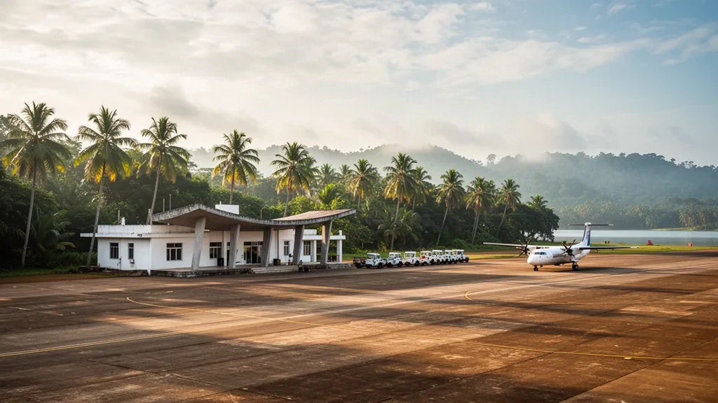 Petit terminal tropical et tarmac bordé de palmiers à l'aéroport de Koggala, dans le sud du Sri Lanka, sous une douce lumière dorée.