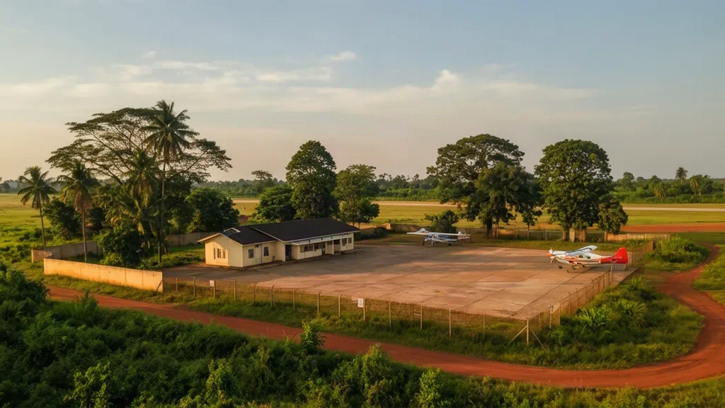 Exterior view of Masindi Airport KCU in Uganda with its small terminal building, apron and green surroundings.