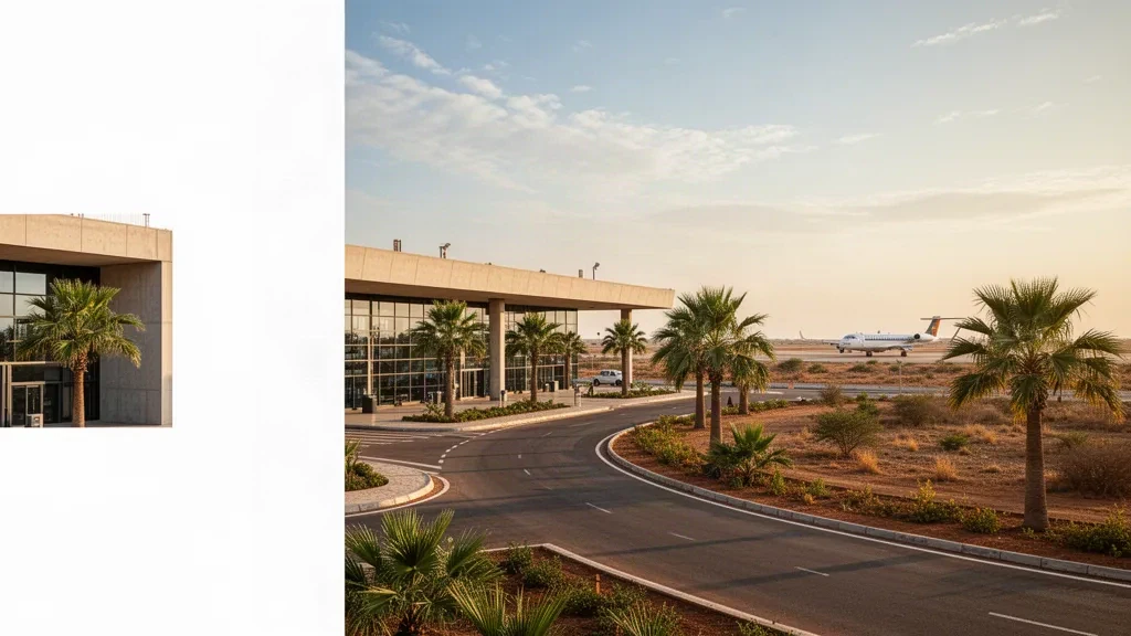 Außenansicht des modernen Terminals des Flughafens Kolda in Senegal mit Glasfassade, Zufahrtsstraße und klarem Himmel zur goldenen Stunde