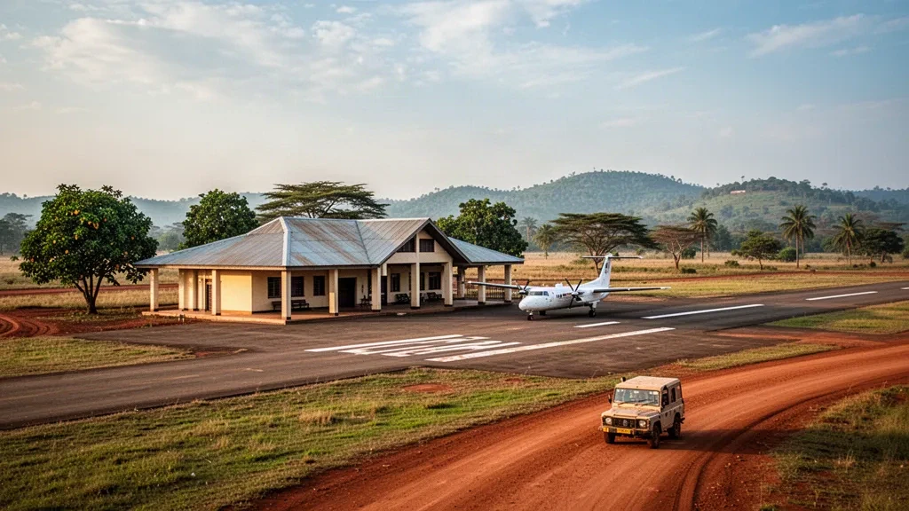 Edificio terminal bajo, plataforma de estacionamiento con hierba y una avioneta en el Aeropuerto de Masindi en Uganda bajo una cálida luz de finales de la tarde