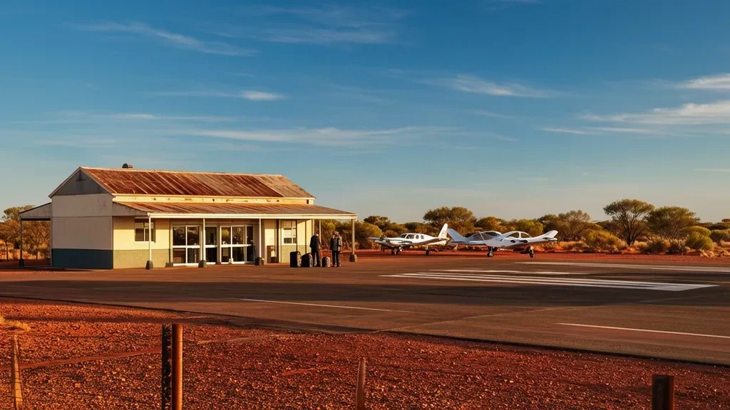 Small Kambalda Airport terminal and airstrip with light aircraft in the Western Australian Goldfields outback under a clear blue sky