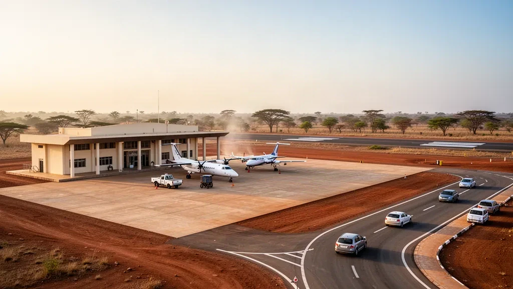 Niedriges Terminalgebäude und Vorfeld mit Flugzeugen am Flughafen Kandi im Norden Benins während warmen Savannenlichts zur goldenen Stunde