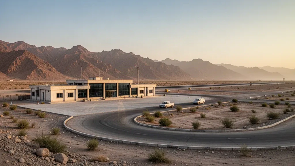 Piccolo edificio terminal e pista unica all'aeroporto di Khuzdar nel Balochistan, incorniciati da aride montagne rocciose nella calda luce pomeridiana