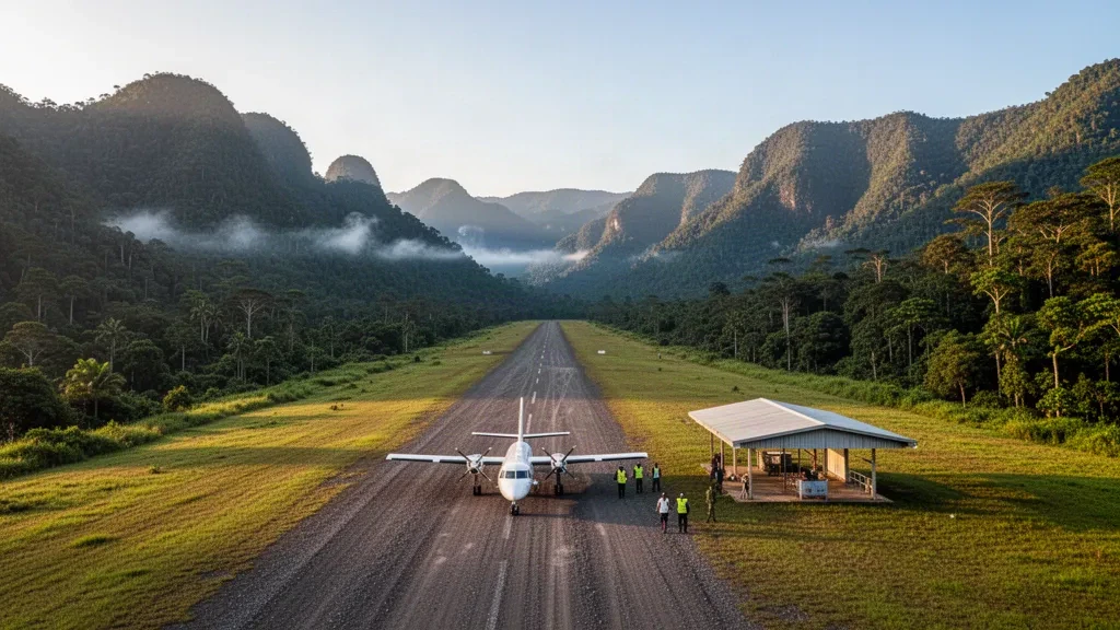 Small twin-engine aircraft at remote Koroba Airport airstrip in Hela Province, Papua New Guinea, with lush highland mountains at golden hour.