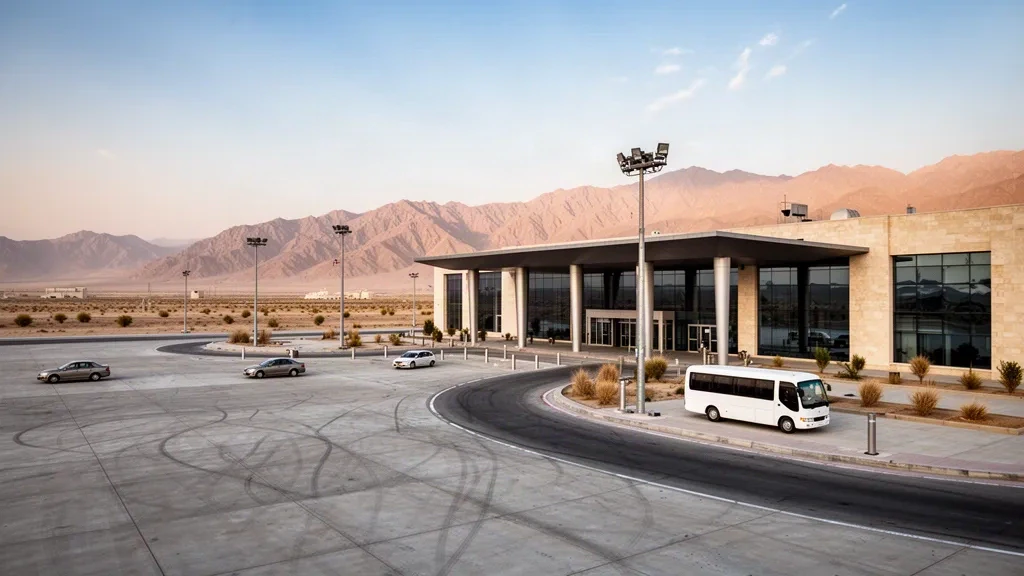 Façade moderne du terminal et aire de trafic en béton de l'aéroport international Ahmad Shah Baba près de Kandahar à l'heure dorée avec des montagnes arides en arrière-plan