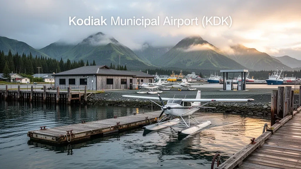 Wasserflugzeug am Wasserflugzeugstützpunkt des Kodiak Municipal Airport vertäut, eingerahmt von den Bergen der Kodiak-Insel in weichem Küstenlicht Alaskas