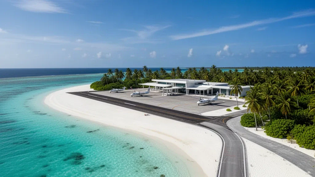 Tropical island airport on Kaadedhdhoo in the Maldives, with a short runway, small turboprop aircraft and turquoise lagoon views