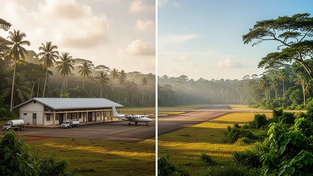 Gabon'da Ndende yakınlarında tropikal yağmur ormanlarıyla çevrili küçük bölgesel havaalanı terminali ve apronu