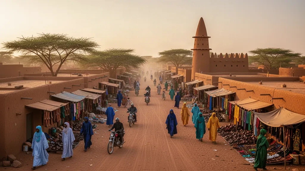 Golden hour view over Kaya market in Burkina Faso's Centre-Nord region, showing adobe buildings, minaret and lively street scene.
