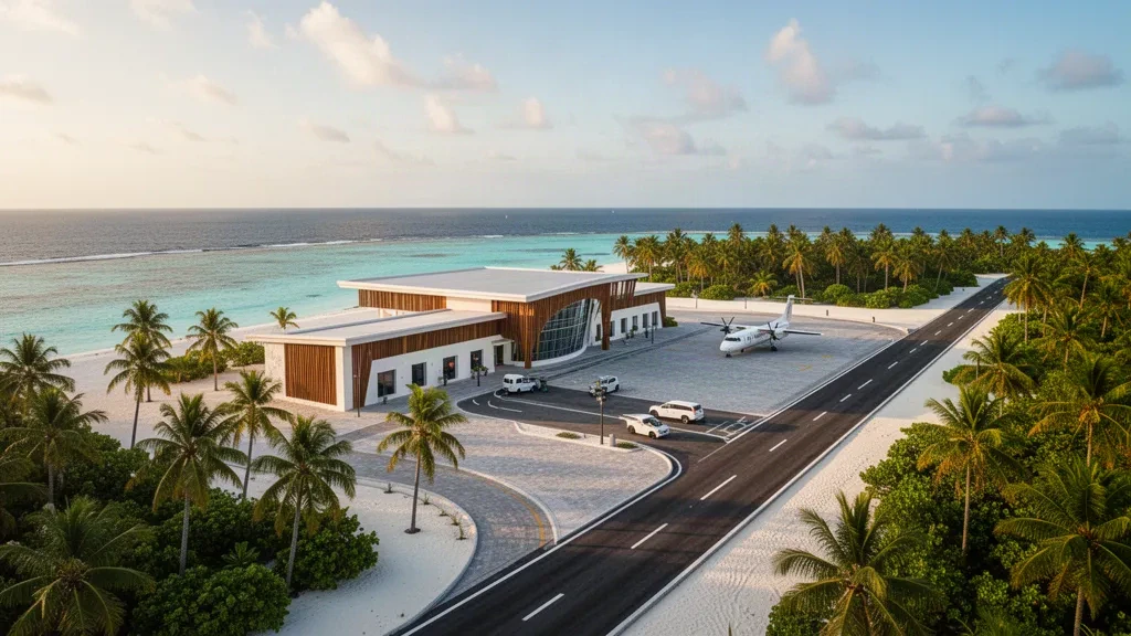 Terminal des Flughafens Kadhdhoo und Startbahn am Ufer, umrahmt von türkisfarbenem Lagunenwasser und Kokospalmen im Laamu-Atoll, Malediven