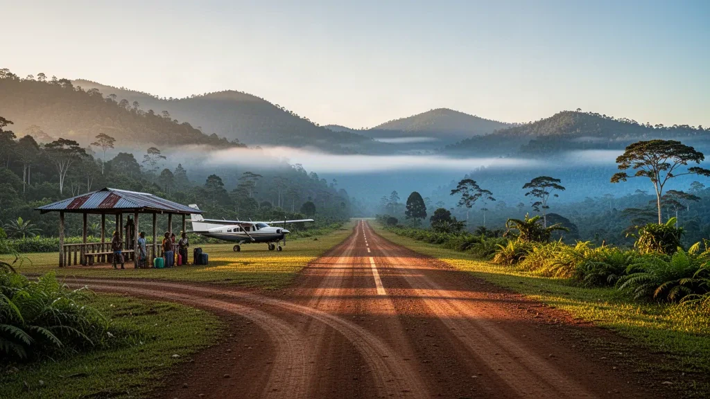 Remote highland airstrip at Kandep Airport in Enga Province, Papua New Guinea, with a small terminal and mountain views.