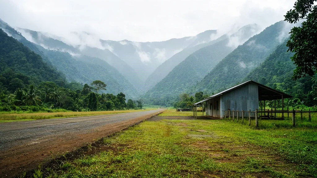 Abgelegene Hochlandpiste am Flughafen Kandep in der Provinz Enga, Papua-Neuguinea, mit Graslandebahn, kleinem Terminalunterstand und nebligen grünen Bergen