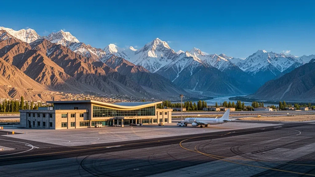 Modern terminal and apron at Skardu International Airport with snow-capped Karakoram peaks towering in the background