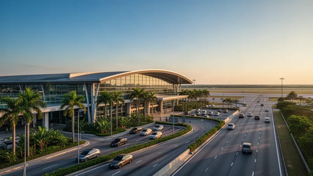 Terminal moderne et zone de dépose à l'aéroport de Kamphaeng Saen à Nakhon Pathom, en Thaïlande, sous un éclairage d'heure dorée.