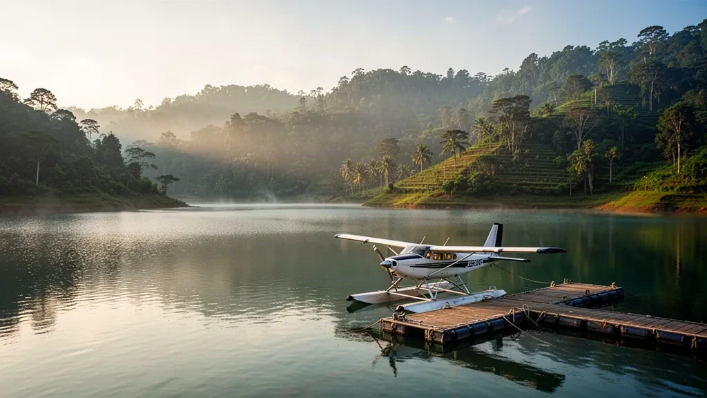 Wasserflugzeug am Steg der Victoria Reservoir Wasserflugzeugbasis in der Nähe von Kandy, Sri Lanka, mit nebligen Dschungelhügeln und ruhigem Wasser bei Sonnenaufgang