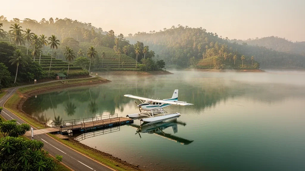 Floatplane moored at a floating pontoon on Polgolla Reservoir near Kandy, Sri Lanka, with misty green hills at sunrise