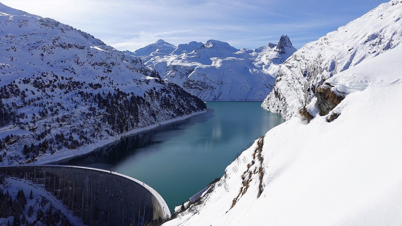reservoir, nature, mountain, lake, panorama, winter, snow, landscape