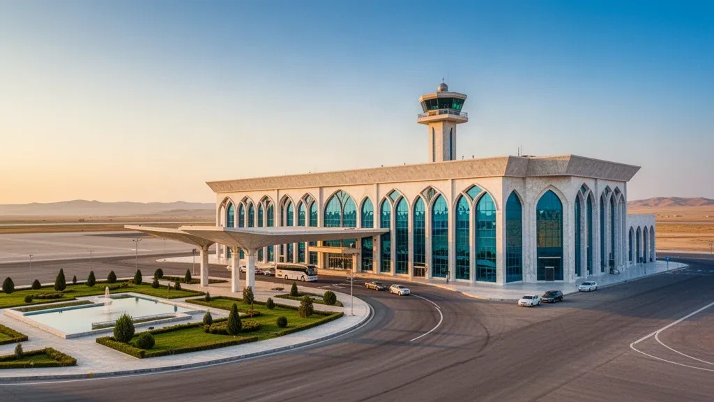 Moderne, weiß-marmorne Terminalfassade am Flughafen Kerki in Turkmenistan mit Glaswänden und einer Vorfahrtszone am Straßenrand