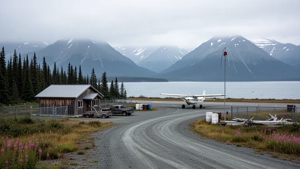 Remote gravel airstrip and small wooden terminal at Nanwalek Airport in Alaska, framed by spruce forest and misty coastal mountains