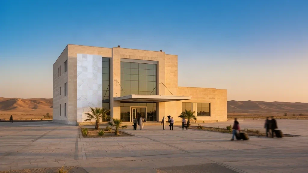 Edificio de la terminal de mármol claro del aeropuerto de Kerki en Turkmenistán, con fachada acristalada y explanada de entrada sombreada bajo un cielo despejado del desierto