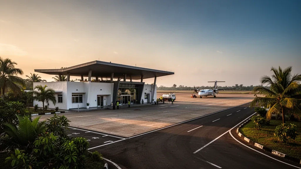 Wide view of Kasenga Airport in the DRC with a low-rise terminal, parked turboprop, tropical greenery, and a paved apron at golden hour