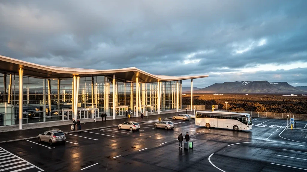 Moderne Glasfassade des Terminals am Internationalen Flughafen Keflavík in Island mit Abholspuren unter einem dramatischen nordischen Himmel