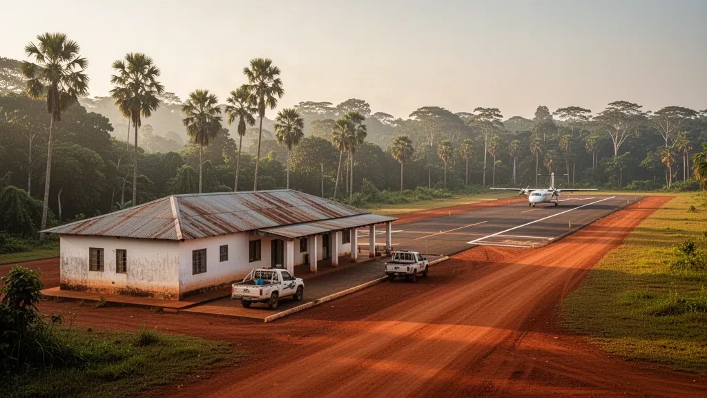 Petit terminal d'aéroport régional, tarmac et piste à Kelle, République du Congo, entourés de forêt tropicale à l'heure dorée