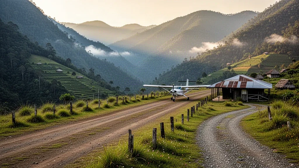Small highland airstrip at Keglsugl Airport in Papua New Guinea, framed by misty forested mountain ridges at sunrise