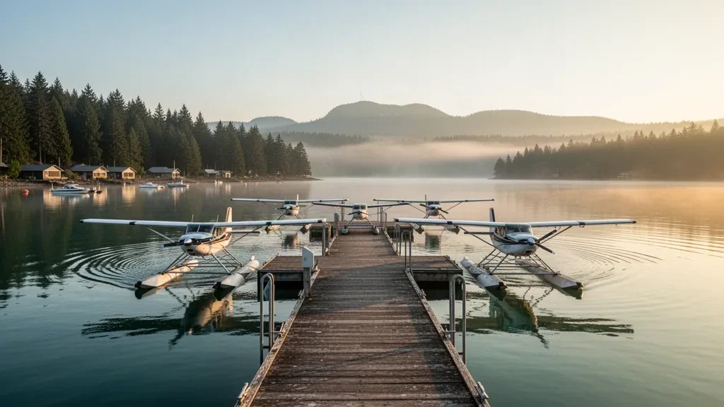 Seaplanes moored at a wooden dock on Lake Washington at Kenmore Air Harbor seaplane base during a misty golden sunrise