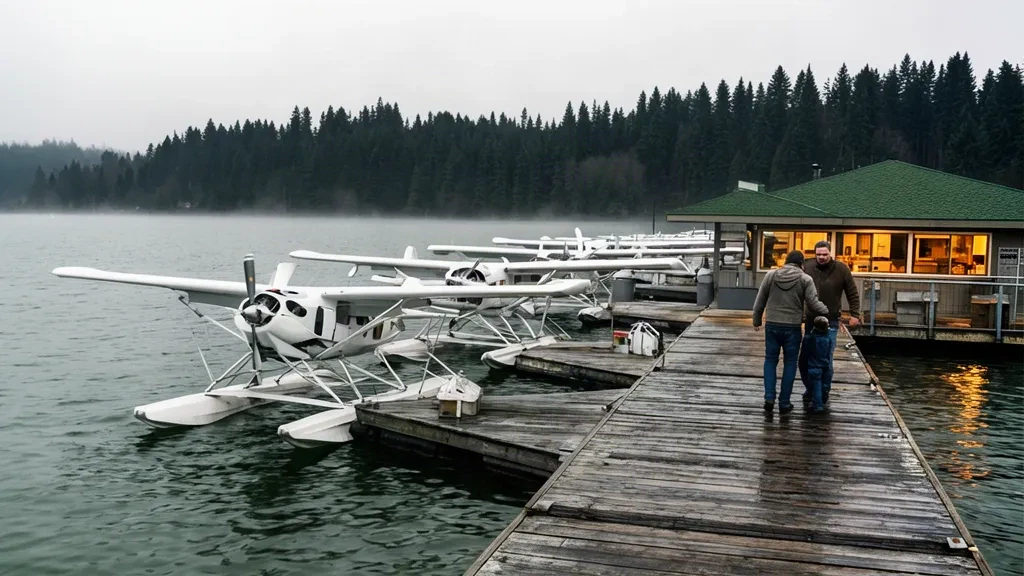 Hidroaviones amarrados en el muelle de la base de hidroaviones Kenmore Air Harbor en el lago Washington, cerca de Seattle, Washington