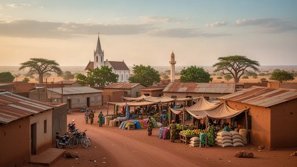 Vue à l'heure dorée sur Tenkodogo, capitale de la région du Centre-Est du Burkina Faso, avec les toits du marché, des baobabs et un horizon sahélien poussiéreux