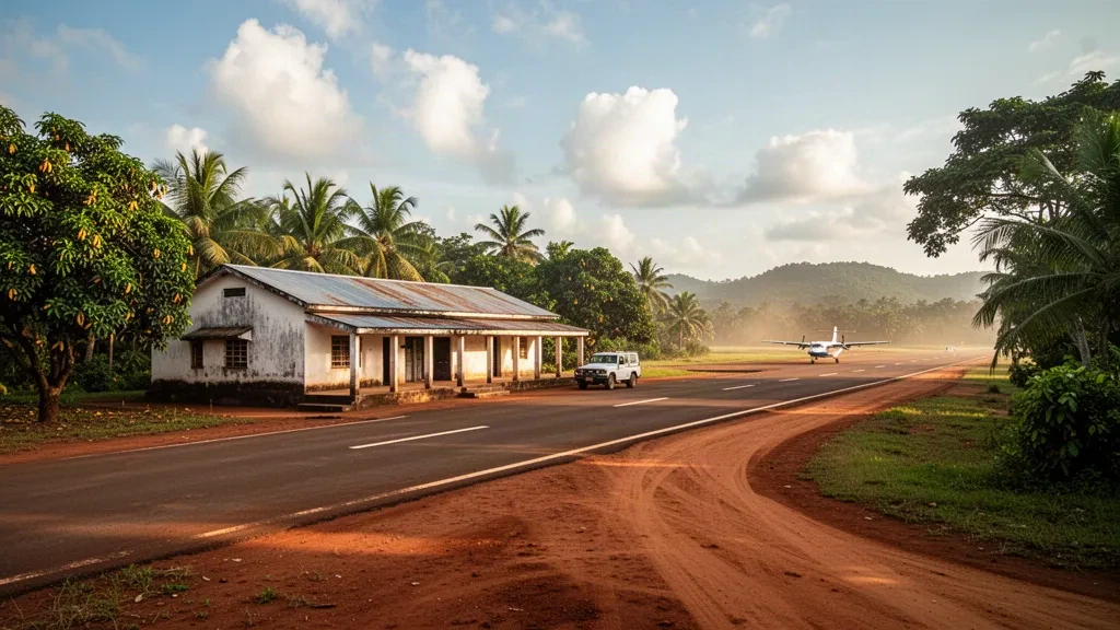 Kleines tropisches Terminalgebäude und Start- und Landebahn am Flughafen Kenema in Sierra Leone, umrahmt von Palmen in warmem Licht des späten Nachmittags