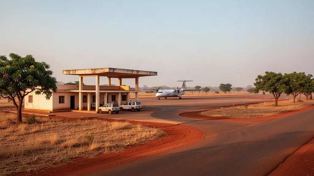 Kleines cremefarbenes Terminal und Vorfeld am Flughafen Odienné im Norden der Côte d'Ivoire, beleuchtet vom warmen Licht der Savanne am späten Nachmittag.