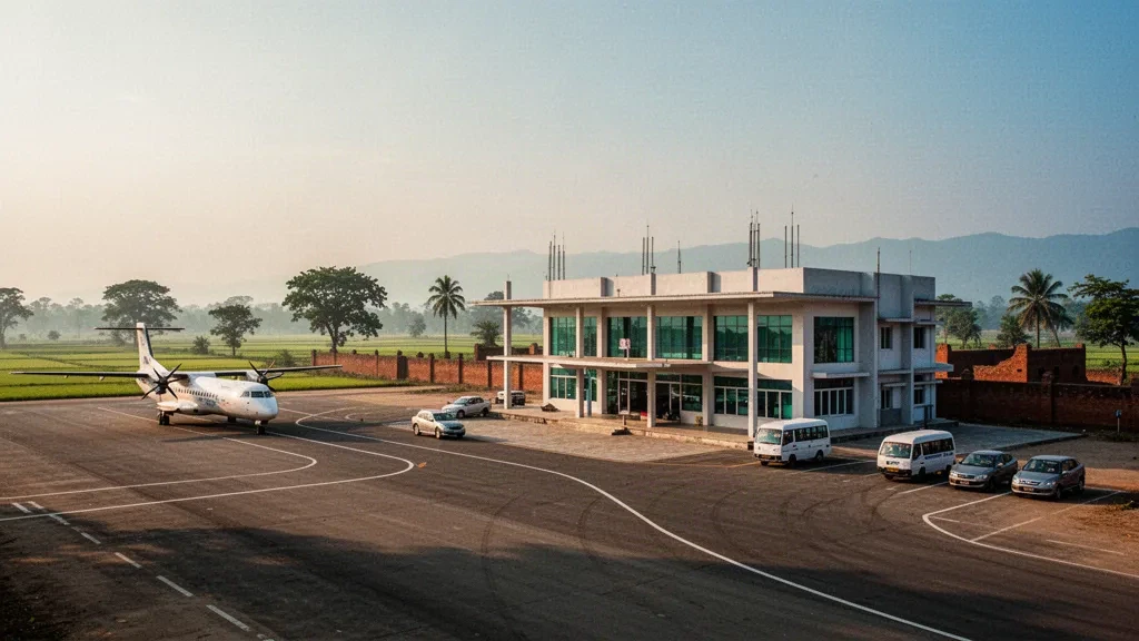 Flaches Terminalgebäude und Turboprop-Flugzeug auf dem Vorfeld des Flughafens Nepalgunj in der Terai-Ebene Nepals zur goldenen Stunde