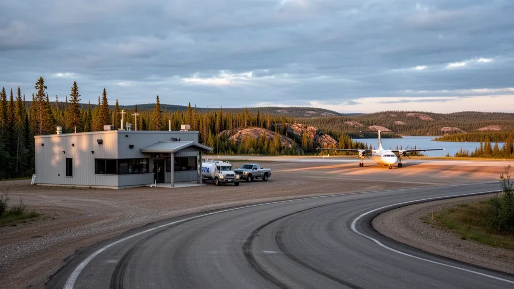 Petit terminal d'aéroport isolé à Kelsey, au Manitoba, avec aire de trafic, route d'accès et forêt boréale sous un ciel nordique à l'heure dorée