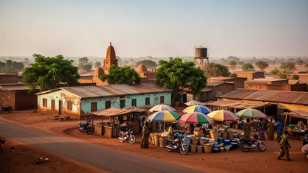 Golden-hour view over Koudougou in Burkina Faso's Centre-Ouest region, with laterite streets, a busy market and low-rise skyline