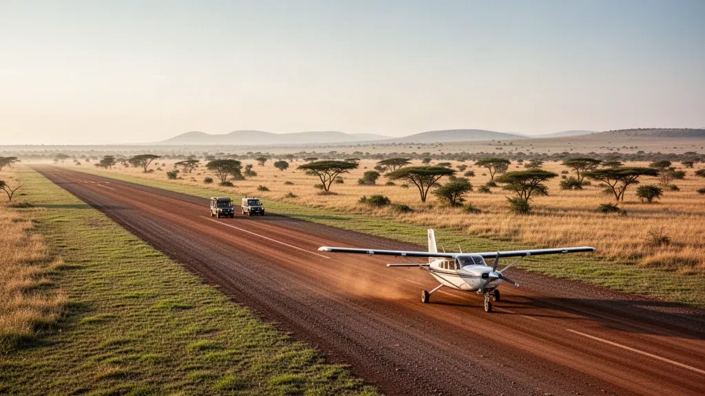 Avion léger sur la piste en terre de l'aéroport de Keekorok, dans la savane du Masai Mara au Kenya, sous une chaude lumière dorée